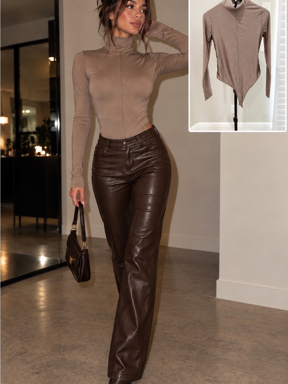 Bershka Bodycon Turtleneck Bodysuit Mocha Brown Capsule Wardrobe